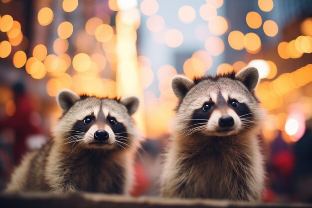 Foto primer plano de cara de mapaches con luces de la ciudad