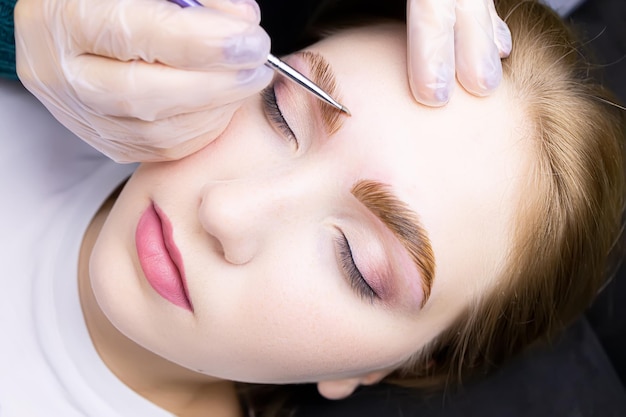 Primer plano de la cara del modelo, el maestro aplica un tinte especial para el cabello en las cejas después del procedimiento de laminación.