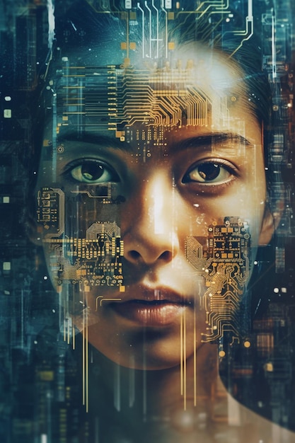 Primer plano de la cara de una mujer asiática y la técnica de doble exposición de la placa de circuito AI generativa