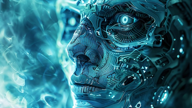 Un primer plano de la cara de una mujer cyborg su cara está hecha de metal y cables y su ojo es una esfera azul brillante