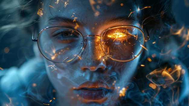 Primer plano de la cara de una mujer con gafas que reflejan un concepto artístico de patrón digital iluminado