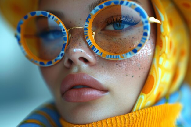 Un primer plano de la cara de una mujer con gafas de sol grandes y naranjas de moda