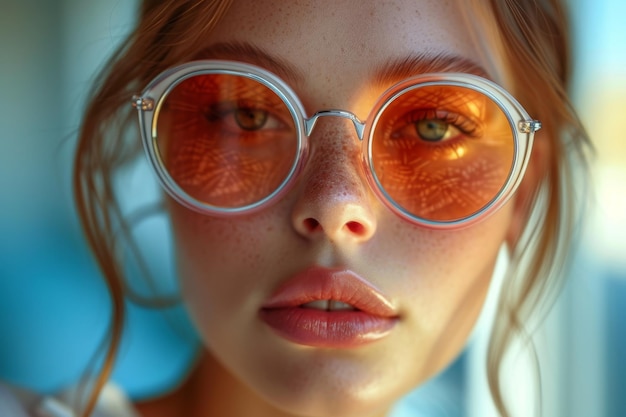 Un primer plano de la cara de una mujer con gafas de sol grandes y naranjas de moda