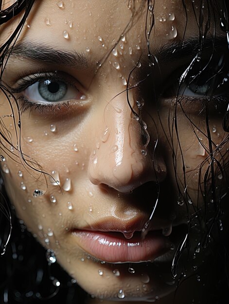 Foto un primer plano de la cara de una mujer con gotas de agua