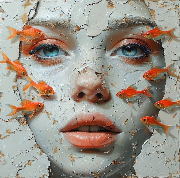 Un primer plano de la cara de una mujer con intrincados diseños de peces naranja pintados en su piel.