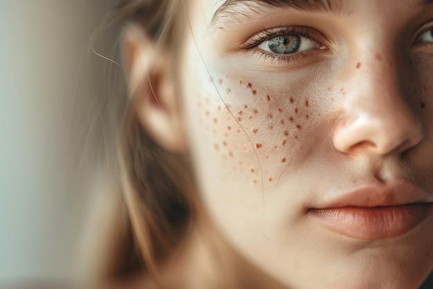 Foto primer plano de la cara de una mujer joven con pecas su mirada transmite belleza natural y calma