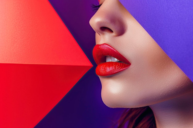 Foto un primer plano de la cara de una mujer con lápiz labial rojo