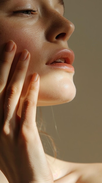 Foto primer plano de la cara de la mujer, el mentón, los labios y el cuello hermosos, con el rostro de la mejilla tocado con una mano