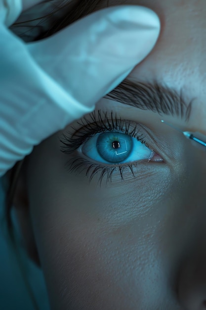 Un primer plano de la cara de una mujer con ojos azules brillantes