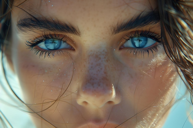 Un primer plano de la cara de una mujer con ojos azules