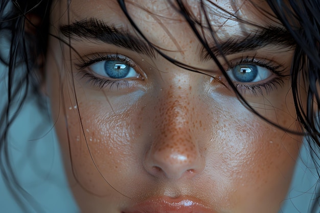 Un primer plano de la cara de una mujer con ojos azules