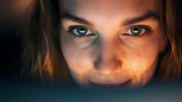 Primer plano de la cara de una mujer con los ojos iluminados por una fuente de luz fuera de la cámara que emite un brillo cálido