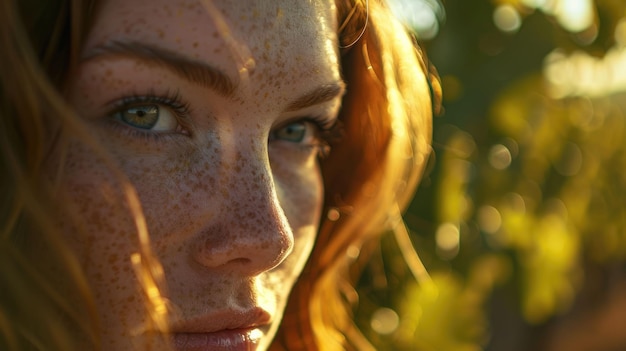 Un primer plano de la cara de una mujer con pecas, ojos verdes y una sonrisa feliz.