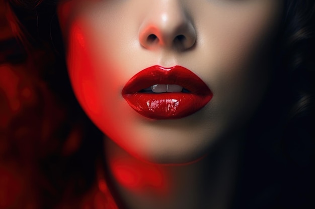 Foto un primer plano de la cara de una mujer que muestra su lápiz labial rojo vibrante perfecto para proyectos de belleza y maquillaje