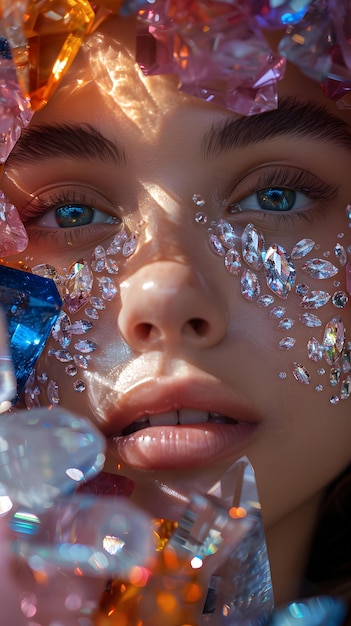 Primer plano de la cara de una mujer con rhinestones en el arte de las pestañas de la mandíbula