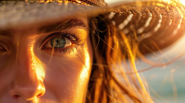 Foto un primer plano de la cara de una mujer con el sol brillando a través de su sombrero