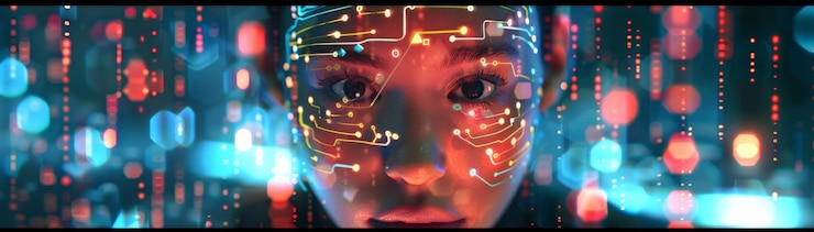 Foto primer plano de la cara de una mujer con superposición de circuitos digitales futuristas y fondo bokeh colorido que simboliza la tecnología y la innovación