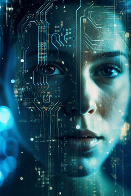 Primer plano de la cara de la mujer y la técnica de doble exposición de la placa de circuito AI generativa