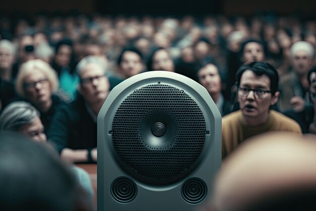 Primer plano de la cara de un orador con la audiencia visible en el fondo