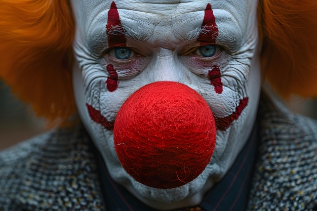 Un primer plano de la cara del payaso con la nariz roja