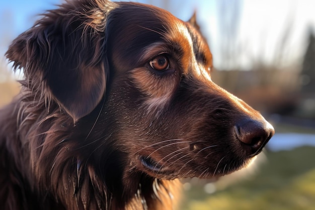 Primer plano de la cara de un perro con el sol brillando y reflejándose en su pelaje creado con IA generativa