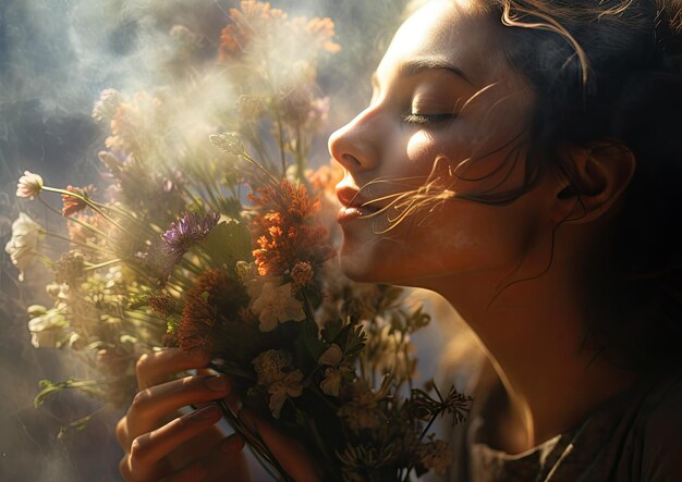 Un primer plano de la cara de una persona que huele un ramo de hierbas recién recogidas capturando el