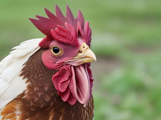 primer plano de una cara de pollo en un fondo natural