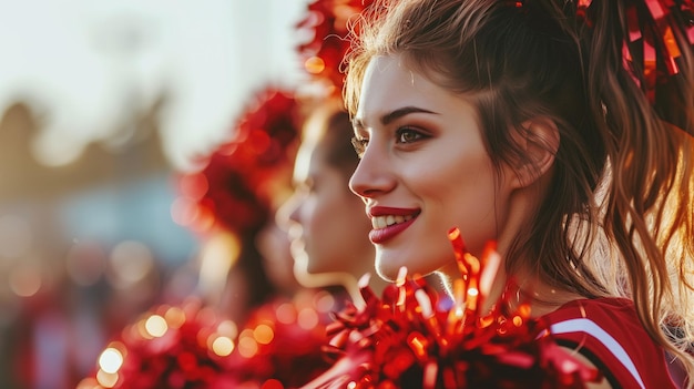 Primer plano de la cara de una porrista con pompones