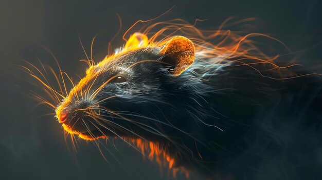 Foto un primer plano de la cara de una rata la rata es negra con bigotes y pelaje naranja brillante la rata está mirando a la derecha del cuadro