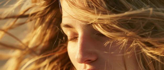 Primer plano de la cara serena de una mujer acariciada por la luz dorada del sol y el cabello azotado por el viento