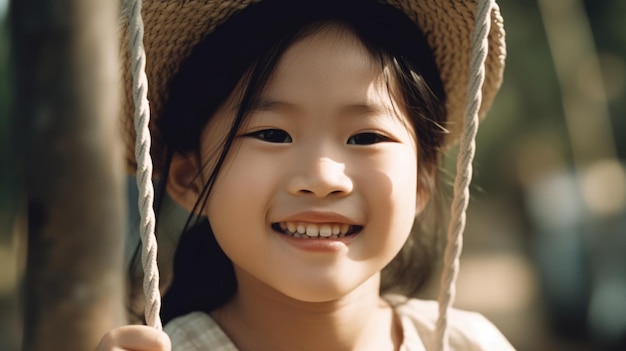 Primer plano cara sonriente joven asiática jugando en un columpio felicidad infancia libertad vitalidad diversión al aire libre despreocupada luz solar AI generativo AIG20