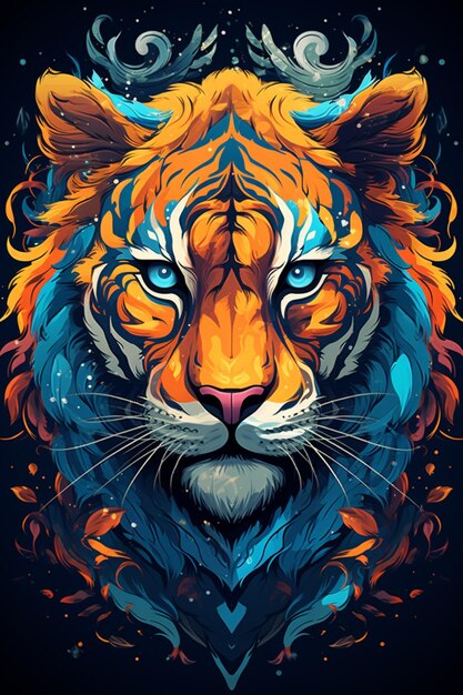 Un primer plano de la cara de un tigre con un ai generativo de fondo azul y naranja