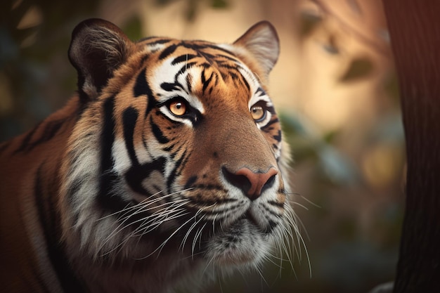 un primer plano de la cara de un tigre de bengala en un bosque