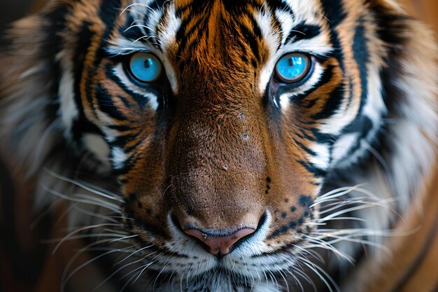 Un primer plano de la cara de un tigre con ojos azules