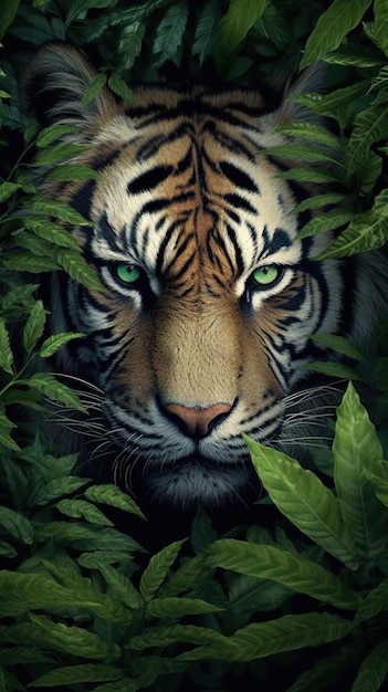 Un primer plano de la cara de un tigre rodeada de hojas imagen generativa de ai