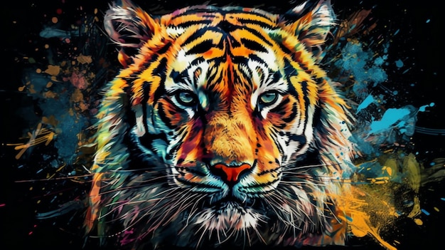 un primer plano de la cara de un tigre con salpicaduras de pintura en él