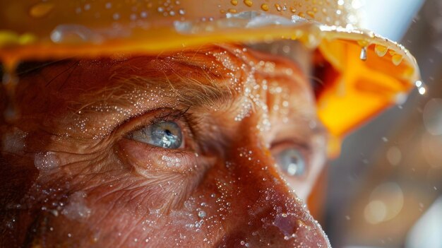 Foto un primer plano de la cara de un trabajador de la construcción muestra cuentas de sudor formándose en la frente mientras trabajan en