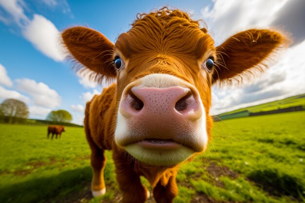 Primer plano de la cara de vaca en el campo de hierba IA generativa