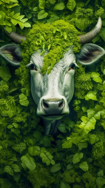 Primer plano de la cara de la vaca rodeada de plantas verdes y hojas IA generativa