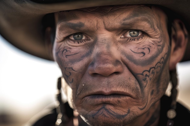 Primer plano de la cara de vaqueros con intrincados tatuajes y cicatrices visibles