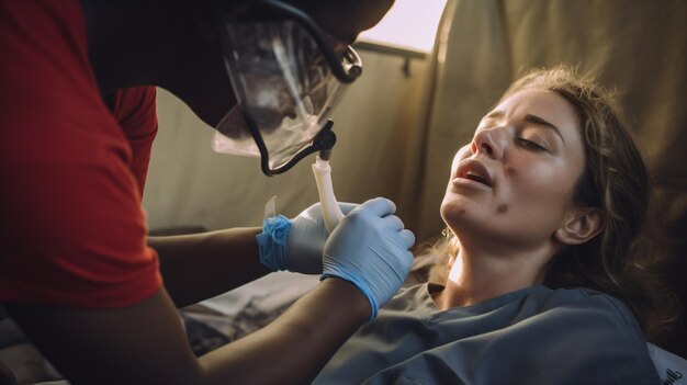 Primer plano de la cara de un voluntario que presta asistencia médica