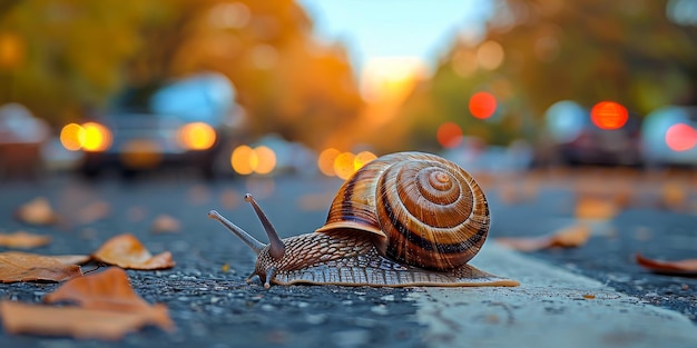 Un primer plano de un caracol marrón cruzando una carretera húmeda durante el otoño