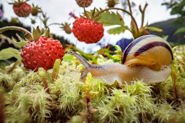 Primer plano de caracol, mirando las fresas rojas