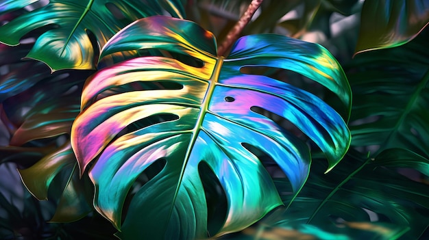 Primer plano de la característica hoja de monstera holográfica Recurso creativo Generado por IA