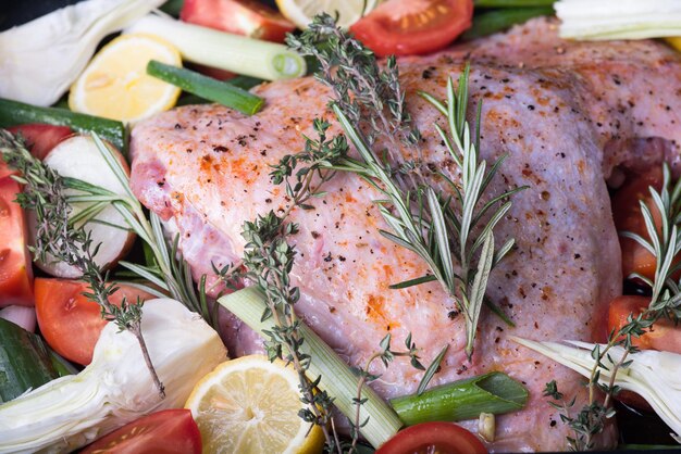 Foto primer plano de carne fresca con limón y verduras