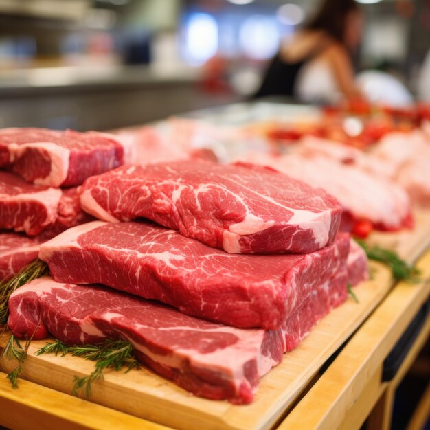 Primer plano de carne fresca en la ventana de un supermercado