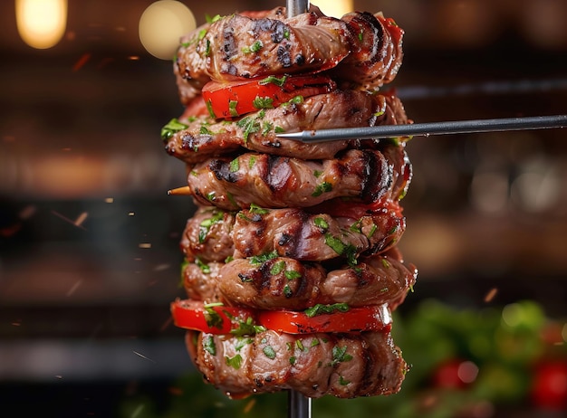 Foto un primer plano de una carne a la parrilla con hierbas y pimientos en un restaurante