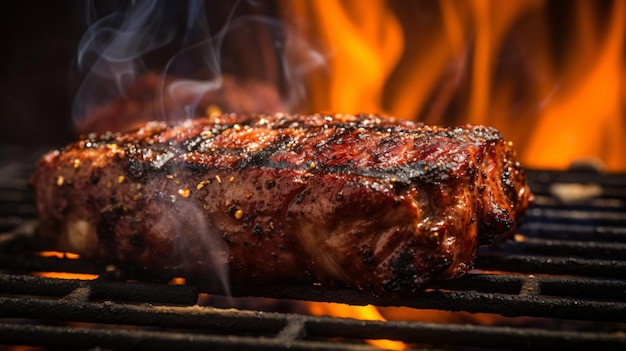 Un primer plano de carne en una parrilla con llamas