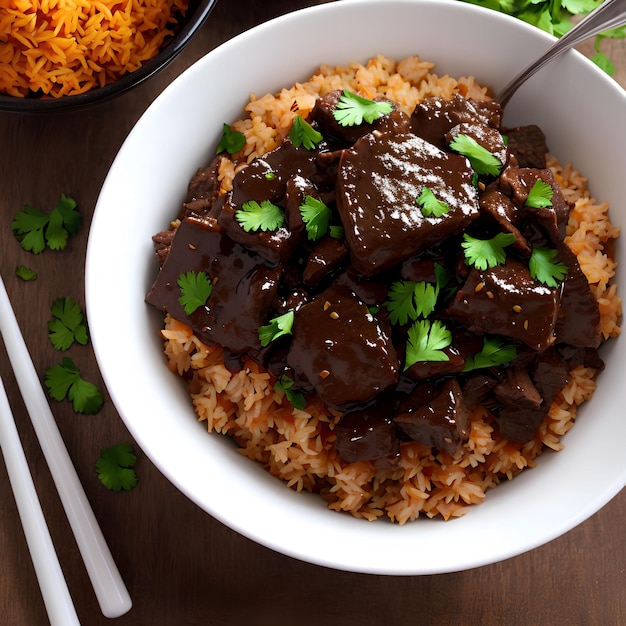 Primer plano de carne de res con arroz en un tazón, arte generativo de AI