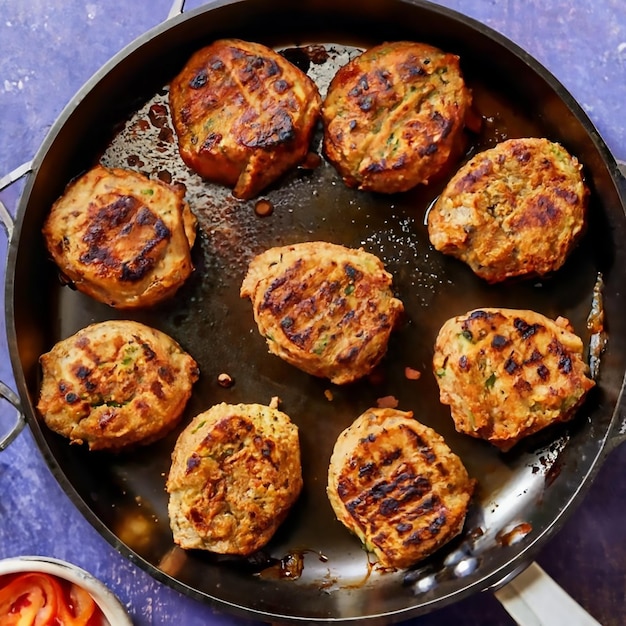 Primer plano de carne de res frita Chapli kebab en una sartén grande en aceite por la noche